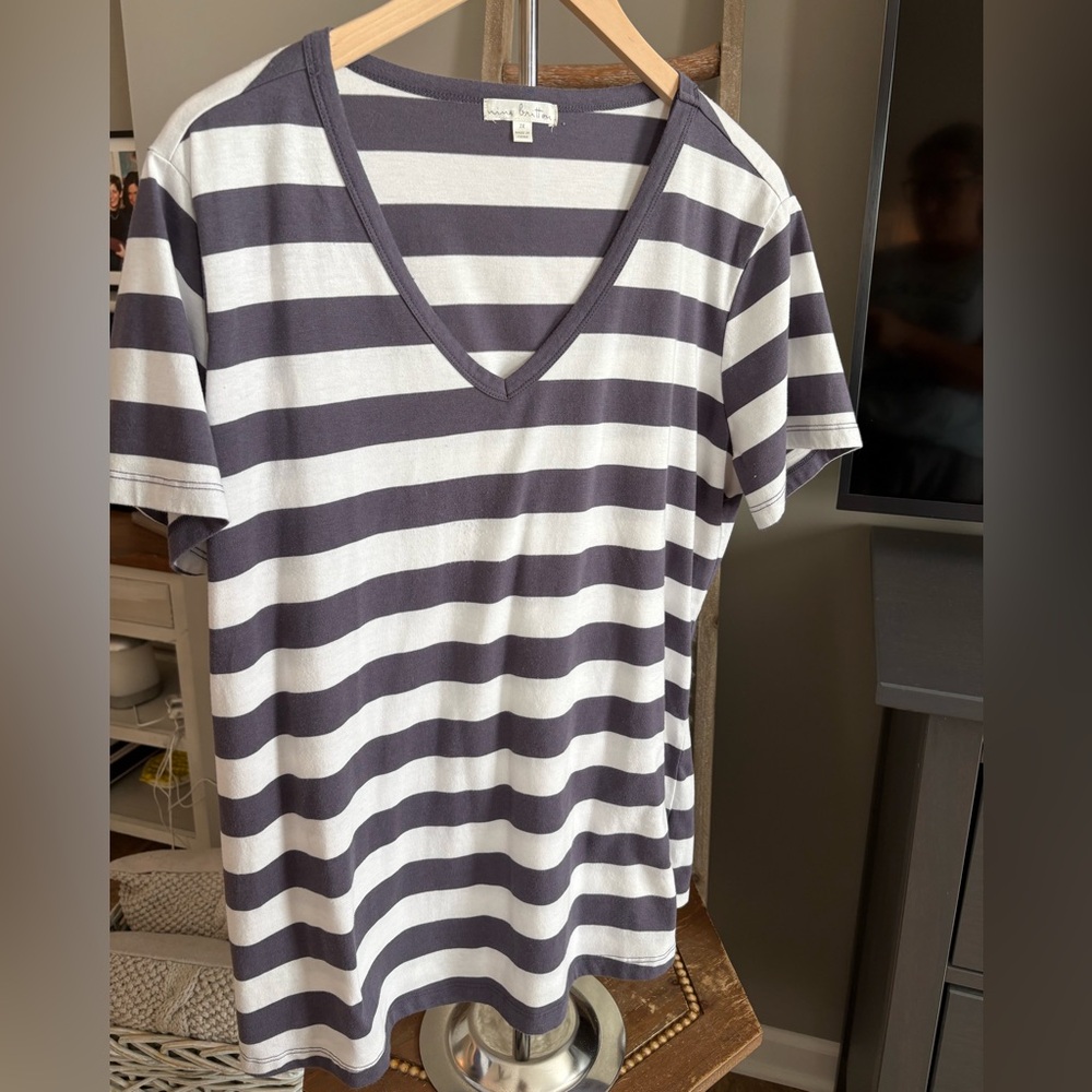 Nine Britton Purple and White Striped V-Neck Tee